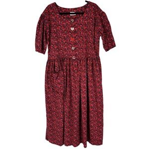 Dogwood Lane Floral Print Dress Red Large Porcelain Buttons Cottagecore Holiday